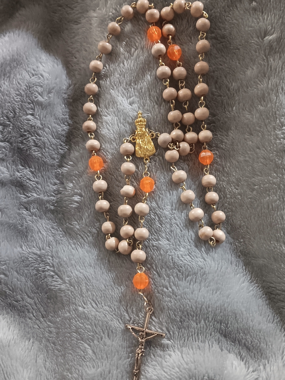 Wood and Orange Rosary with Gold Miraculous Medal